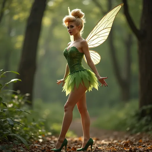 Prompt: Gorgeous 25-year-old (caucasian) muscular French drag queen ((strong masculine jawline and brow)) with fit figure, and long strawberry-blonde updo hair (((blowing in the wind))), dressed as Tinkerbell, sheer nylon stockings, and 8 inch stiletto high heel shoes, posing in the forest, pixie dust in the air..