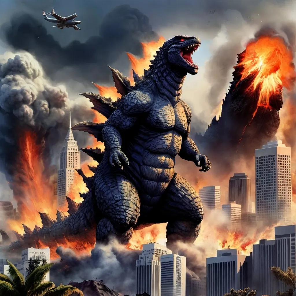 Prompt: Godzilla destroys Hollywood, California. 