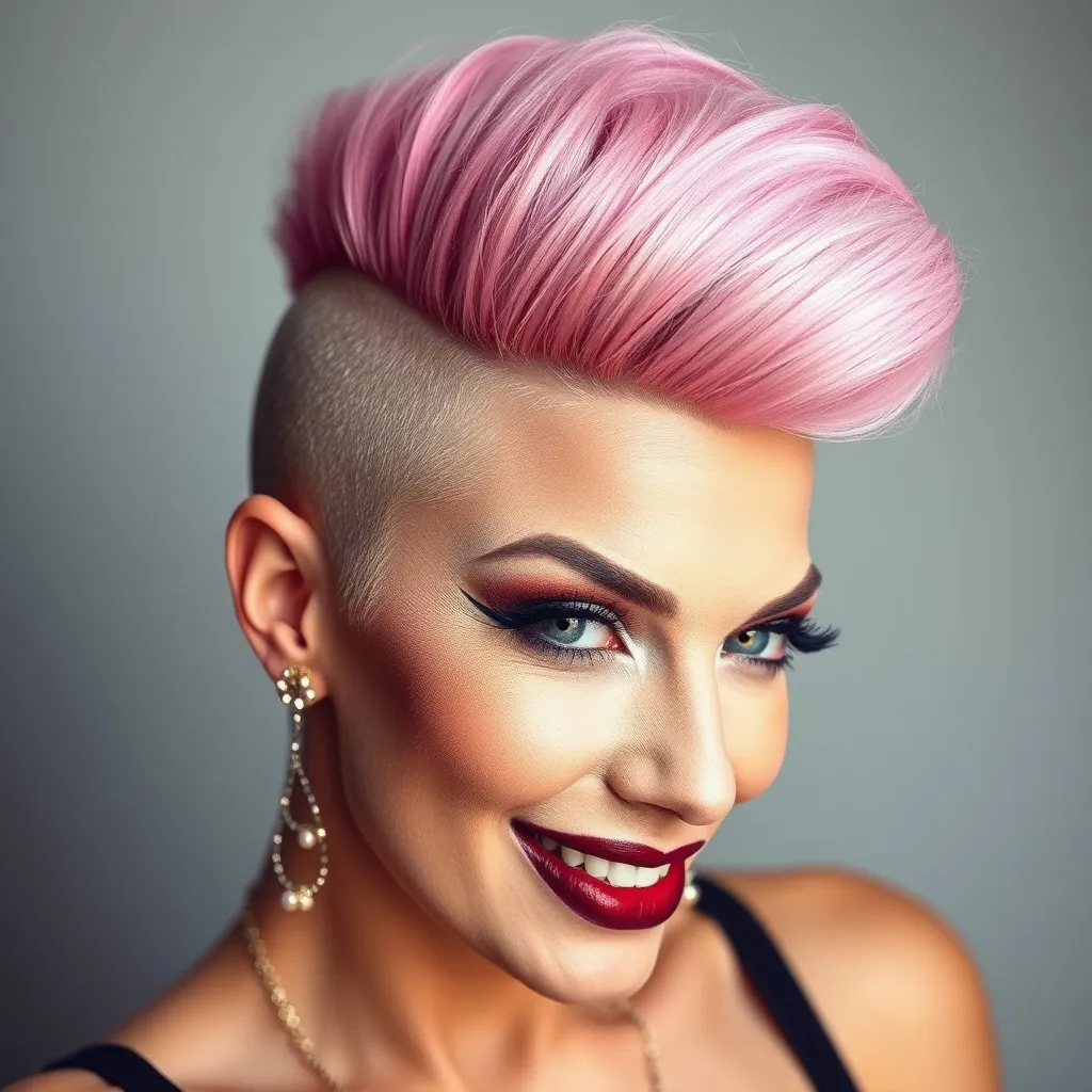 Prompt: side buzzed fade longer updo top cut with a pink trendy moehawk, hair cut sample, fashion magazine, high focus on trendy hairstyle, gorgeous 40-year-old Czechian drag queen bodybuilder model with thick eyeshadow and dark red lipstick, flirty, confident smile --ar 9:16 --v 6.0