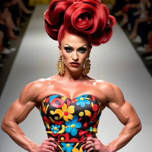 Prompt: Gorgeous ultra-muscular 25-year-old Czechian drag queen bodybuilder with long dark red stylish updo wearing a (Moschino dress), high fashion design, colorful patterns, playful and vibrant, couture elegance, luxurious texture, striking silhouette, artistic flair, runway-inspired style, intricate details, eye-catching embellishments, bold color palette, fashionable ambiance, (ultra-detailed), high-quality craftsmanship, fashion illustration vibes, stylish ensemble, (vivid colors), aesthetically stunning.