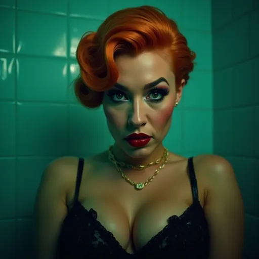 Prompt: Gorgeous 25-year-old Czechian drag queen bodybuilder, short swept over stylish orange hair, heavy mascara, dark red lipstick, retro film noir by Quentin Tarantino, teal glowing haze dreamy atmosphere.