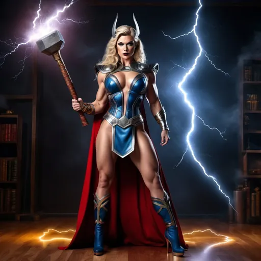 Prompt: HD 4k 3D 8k professional full-body modeling photo hyper realistic gorgeous ultra-muscular 25 years old Norse drag queen bodybuilder enchanted Superheroine Thor with her hammer, ethereal Norse goddess, huge busom,  full body, dark eye makeup, dark lipstick, surrounded by ambient glow and lightning, highly detailed, 8 inch stiletto high heel shoes, intricate, beautiful superheroine style, magic powers, lighting, illusions, outdoor landscape, highly realistic woman, high fantasy background, elegant, mythical, surreal lighting, majestic, goddesslike aura, Annie Leibovitz style