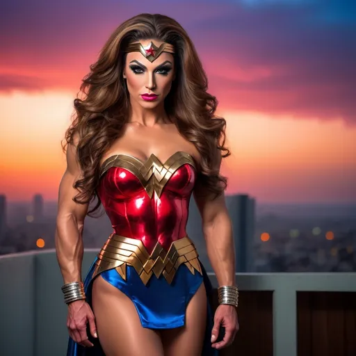 Prompt: (Gorgeous ultra-muscular Israeli drag queen bodybuilder wearing wonder woman dress and 8 inch stiletto high heel boots) age 25 years old, professional photo, vivid colors, studio lighting, hyper detailed, HDR, bokeh, long silk hair, full body, perfect anatomy, beautiful face ,Sunset background, highly realistic, ultra-detailed, 8K, high quality.