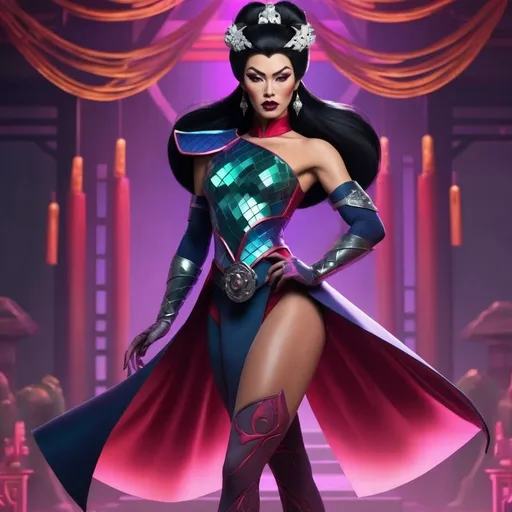 Prompt: Gorgeous muscular cyberpunk drag queen (Disney's) Mulan, great legs, crystal high heels,  dark lipstick.
