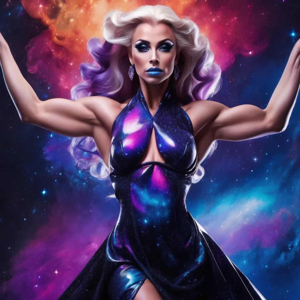 Prompt: Visualize a gorgeous ultra-muscular 25-year-old Finnish drag queen bodybuilder in a magnificent dress that resembles a cosmic galaxy. The dress is designed with a gradient of deep space colors, from the intense blues and purples of nebulae to the stark black of the void, sprinkled with stars and celestial bodies. It flows elegantly, defying gravity, as if she's floating through the cosmos. Her posture is majestic and serene, with her arms gently raised as if she's orchestrating the very movement of the stars. The backdrop is the infinite darkness of space, and below her, the reflective surface suggests she is hovering above a mirror-like lake that reflects the universe contained in her gown.