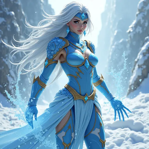 Prompt: Ice warrior goddess with ice skin and long flowing frozen hair, armor with gilded patterns and ice, superpower is ice, embodiment of the Yeti, dynamic pose