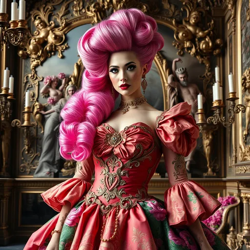 Prompt: Annalena Baerbock in Rokoko Style, the main subject is a gorgeous ultra-muscular 25-year-old Danish drag queen bodybuilder, She is seen in an opulent, Rococo-inspired mood painted by a blend of Artgerm and Rubens, breathtaking pink rokoko updo hair, wearing an elaborate dress in vibrant spring colors. She is made up with dark eyeshadow and dark red lipstick. The dress is rich in architectural details and voluminous, adding to the grandeur of the image. This portrayal is showcasing her in an indoor palace setting. The background is teeming with an abundance of intricate and ornate elements, further accentuating the luxurious ambiance. The description aims to convey the exceptional quality of the image, capturing the viewer's attention through its extraordinary attention to detail and the lavishness it exudes.