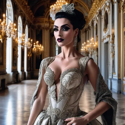 Prompt: Design a modern glamorous wedding dress worn by a real life gorgeous muscular 35-year-old Turkish drag queen ((strong masculine jawline and brow features)) model dress to be daring and glamorous and elegant, dark eye makeup, dark lipstick.  Posing in the Palace of Versailles.