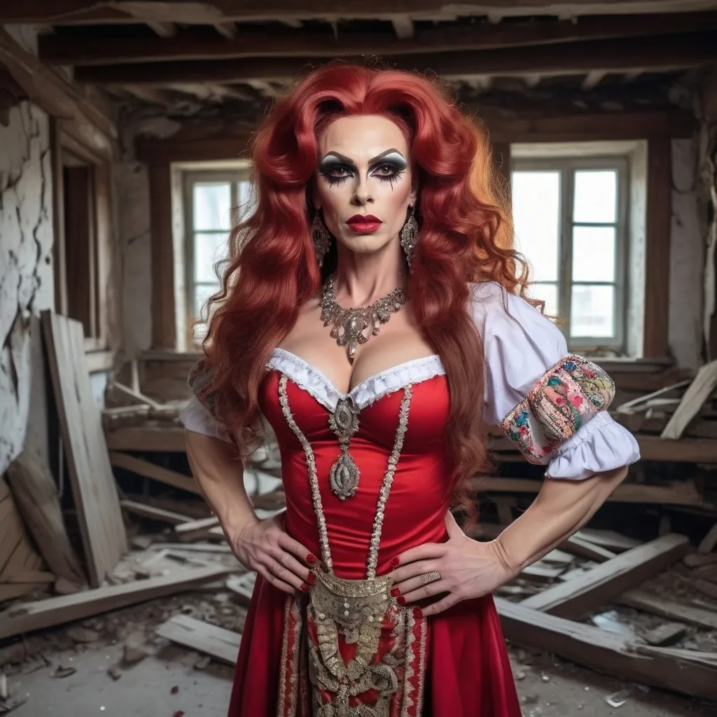 Prompt: a gorgeous muscular 35-year-old Ukrainian drag queen with long curly dark red hair and large busom, wearing traditional clothes and  standing in the middle of a broken house.