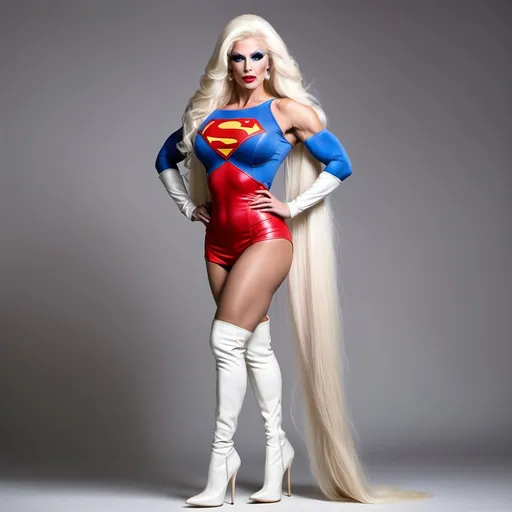 Prompt: Gorgeous Drag queen bodybuilder supergirl platinum blonde very long hair 8 inch stiletto high heel thigh-high boots 