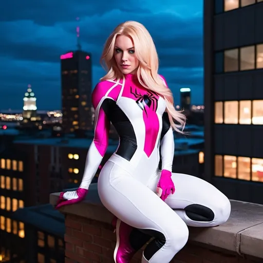 Prompt: Gorgeous ultra-muscular 25-year-old Finnish goddess with huge busom and ridiculously long flowing pink blonde hair, dressed as Spider-Gwen (Marvel Comics Character), she clings to the side of a building at night.