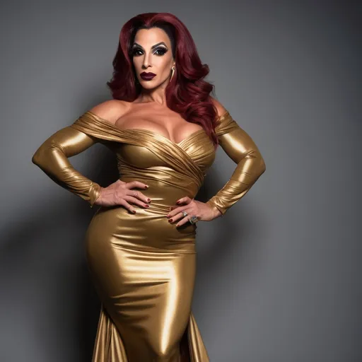 Prompt: A stunningly Gorgeous muscular 35-year-old olive-skinned Greek drag queen bodybuilder (with masculine facial features, dark lipstick, large busom, dark red hair) stands elegantly in a sleek gold off-the-shoulder gown that hugs her silhouette gracefully, accentuating her figure. The dress features long, sheer sleeves that add a touch of sophistication, contrasting beautifully with her soft, tanned complexion. She poses against a backdrop of minimalist decor, including a plush cream-colored couch and a marble coffee table with bold veining, set in a modern interior with a neutral, textured wall. The soft, diffused lighting creates an inviting atmosphere, highlighting the gown's fluid lines and enriching the mood of understated glamour. The scene conveys a sense of confidence and style, capturing a moment of fashion elegance.