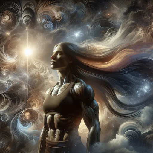 Prompt: A gorgeous muscular 25-year-old Czechian goddess bodybuilder with very long straight shiny hair, bathed in ethereal light, surrounded by swirling patterns reminiscent of turbulent winds and celestial bodies. Within the chaos, there is a sense of calm determination in the subject's expression as they gaze upwards towards a distant point of light, representing their journey through adversity ("Per Aspera") towards the lofty heights of their aspirations ("ad Astra").