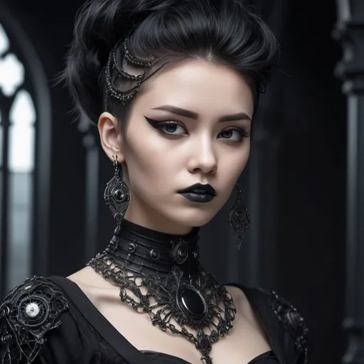 Prompt: Unleashing the power of cybernetic sci-fi with ornate gothic details and intricate minimalism, this woman in black with fake hair and metalwork jewelry is an eye-catching masterpiece of eerily realistic beauty.