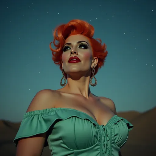 Prompt: Gorgeous ultra-muscular 25-year-old Czechian drag queen bodybuilder with short spiked swept Orange hair wearing a mint green flowy gown, dark eye shadow, heavy mascara, and dark red lipstick, staring at the stars in the sky and feeling content.