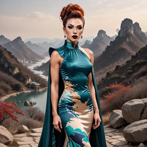 Prompt: The photo shows a gorgeous muscular 30-year-old Turkish drag queen bodybuilder (masculine jawline and brow) with dark eyeshadow, dark lipstick, and long dark orange updo hair, wearing a floor-length A-line gown, featuring a beige or champagne-colored satin top with long, wide sleeves that extend almost to the floor, creating a cape-like effect. The skirt of the dress is adorned with a vibrant, artistic print depicting a landscape of teal and blue mountains in a style reminiscent of traditional Chinese ink wash painting. There are also what appear to be stylized Chinese seals or stamps incorporated into the design. The skirt has a subtle ruffled or tiered detailing at the hem. The neckline is high and closed, in a style similar to a mandarin collar.

The Setting: The background is a simple, solid dark red, which gives the gown and the model a striking contrast and prominence.

