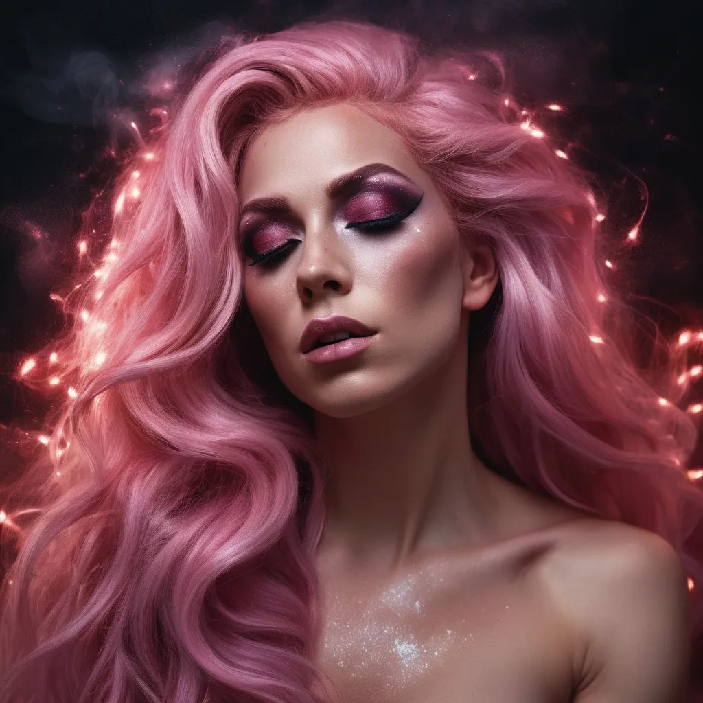 Prompt: (photorealistic painting), a gorgeous ultra-muscular 25-year-old Romanian drag queen with long pink hair, with her eyes closed, dark smokey eyeshadow and dark red ipstick, (glowing ethereal aura) behind her face and body, intricate (particles of light), inspired by Elsa Bleda's style, atmospheric and dreamy ambiance, soft and mystical lighting, high contrast between the glowing backdrop and her facial features, ultra-detailed, highly immersive, captivating and tranquil.