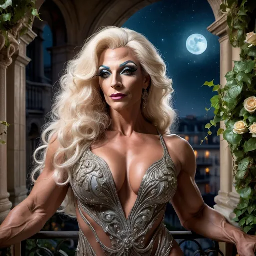 Prompt: A dreamy and ethereal scene of a gorgeous muscular 35-year-old French drag queen bodybuilder (with big busom) standing gracefully on an ornate balcony bathed in soft moonlight, waiting for Romeo. She wears a flowing, shimmering Renaissance gown that glows subtly, as if woven with stardust. The balcony is adorned with cascading ivy, enchanted roses that emit a gentle golden glow, and delicate fireflies dancing in the air. The night sky is a deep twilight blue, filled with twinkling stars and a luminous full moon. Wisps of magical mist swirl around, reflecting hues of silver and lavender, while faint celestial figures seem to watch over her from above. The atmosphere is infused with an otherworldly, fairytale-like romance, as if the scene exists between dreams and reality