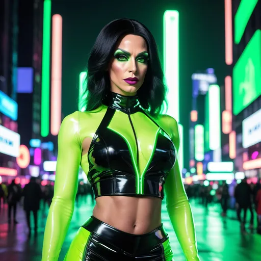 Prompt: Gorgeous muscular 35-year-old French drag queen (strong masculine jawline and brow features) with black hair wuth neon green highlights asymmetrical skirt that is mid calf in black with electric green trim in a cyberpunk style standing in cyberpunk city with neon lights city on Mars in future, neon billboards, skyscrapers