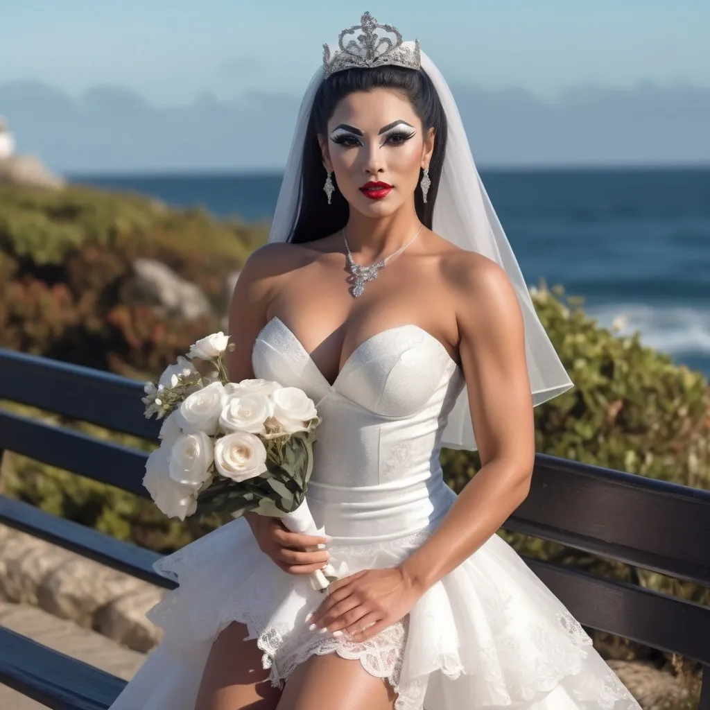 Prompt: Cute and glamorous 25-year-old Portuguese drag queen bodybuilder, very beautiful,
Photoshoot wearing mini wedding dress, garter belt, and stiletto high heels
Smiling expression
Outfit that emphasizes glamorous body
Big busom
Holding a small bouquet in one hand.
Photoshoot on a windy seaside hill.
Skirt and veil blowing in the wind
Sitting on a bench
Thighs visible
Wearing a garter belt
splash art, hyper detailed, ultra realistic, highly detailed, surreal heavy mist, AI defined exquisitely beautiful, totally ultra realistic young adult Korean, gorgeously detailed facial features, sumptuous cleavage, perfect body proportions, ultra pale, ultra glamorous, perfect shading, impeccable contrast, HDR, UHD, high res, 64k