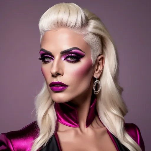 Prompt:  (A gorgeous muscular 35-year-old Macedonian drag queen (masculine jawline and brow features) with dark eyeshadow, 
dark lipstick,  and platinum blonde hair wearing a magenta Versace), fierce pose, dramatic (red and black color palette), high-fashion editorial style, luxurious fabric textures, sleek and chic outfit details, vivid presence, modern ambiance, strong emotional intensity, cinematic lighting, backdrop of elegant high-fashion runway, (ultra-detailed, 4K).