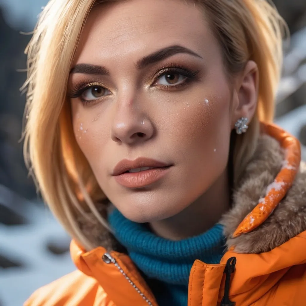 Prompt: professional portrait photograph of a gorgeous muscular 35-year-old British drag queen (strong masculine jawline and brow features) in orange winter clothing, long natural blonde hair, most attractive face, (freckles), nice smile, cute stylish makeup, wearing elegant warm winter fashion clothing, ((standing out side a frozen cave), hyper- realistic, detailed features, realistic lighting, high quality, realistic view,, elegant, realistic setting, professional, detailed, glamorous, actress, iconic, stunning modern urban environment, ultra realistic, concept art, elegant, highly detailed, intricate, sharp focus, depth of field, f/1. 8, 85mm, medium shot, mid shot, (((professionally color graded))), bright soft diffused light, (volumetric fog), trending on instagram, hdr 4k, 8k