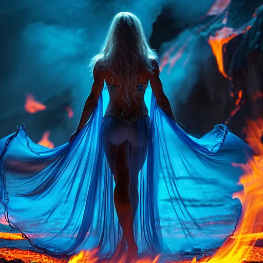 Prompt: Gorgeous ultra-muscular 25-year-old Swedish goddess bodybuilder dancing on blue flame, silhouette, lava, long flowing blue flame gown, huge busom, long wavy fiery hair, long muscular legs, very muscular dancing female, mystical background, 