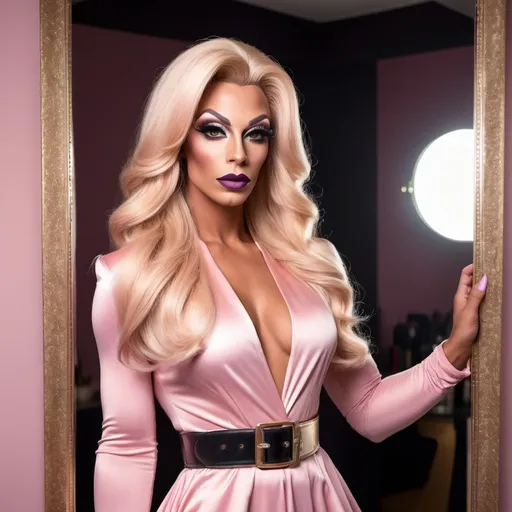 Prompt: A stylish Gorgeous, very muscular, suntanned, 30-year-old, suntanned, French drag queen (with strong masculine facial features, dark lipstick, huge busom, blonde hair) stands confidently in front of a mirror, showcasing a chic, light pink dress cinched at the waist with a matching belt. The dress features long sleeves and a subtle collar, perfectly complementing the elegant silhouette. She has long, flowing blonde hair with soft waves, and her makeup adds a touch of glamour, enhanced by striking black stiletto heels that elongate her legs. A small black handbag is draped casually over her arm, while the bright, neutral background emphasizes her sophisticated look, creating an inviting atmosphere of modern elegance. The overall composition exudes confidence and fashion-forward appeal.