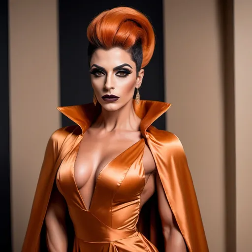 Prompt: The photo shows a gorgeous muscular 30-year-old Turkish drag queen bodybuilder (masculine jawline and brow) with dark eyeshadow, dark lipstick, and long dark orange updo hair, wearing a floor-length A-line gown, featuring a beige or champagne-colored satin top with long, wide sleeves that extend almost to the floor, creating a cape-like effect. The skirt of the dress is adorned with a vibrant, artistic print depicting a landscape of teal and blue mountains in a style reminiscent of traditional Chinese ink wash painting. There are also what appear to be stylized Chinese seals or stamps incorporated into the design. The skirt has a subtle ruffled or tiered detailing at the hem. The neckline is high and closed, in a style similar to a mandarin collar.

The Setting: The background is a simple, solid dark red, which gives the gown and the model a striking contrast and prominence.

