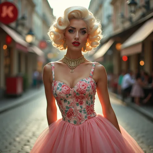 Prompt: Gorgeous ultra-muscular 25-year-old Czechian drag queen wearing a (vintage fashion), (1950s style), elegant outfits, fitted dresses, petticoats, bold patterns, retro accessories, heels, vibrant colors, soft pastel shades, nostalgic atmosphere, warm lighting, high-quality, ultra-detailed, stylish urban setting, glamorous poses, cheerful mood, classic hairstyles, cinematic masterpiece.