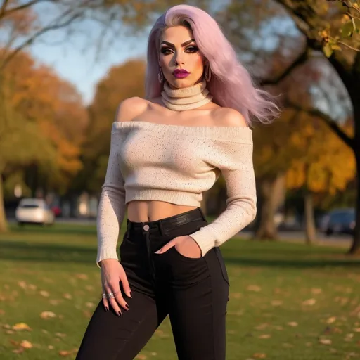 Prompt: Front view of an 18-year-old, muscular, gorgeous British drag queen (very strong masculine jawline and brow features) wearing capri pants, off the shoulder sweater, and 8 inch stiletto high heel ankle boots. Hanging out in the park and sunset.