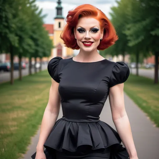 Prompt: Gorgeous muscular Latvian drag queen (with short stylish red hair) in her early 20s, smiling and walking outdoors, and wearing a black puffy short-sleeved  knee-length peplum church dress and high heel shoes. Full length 