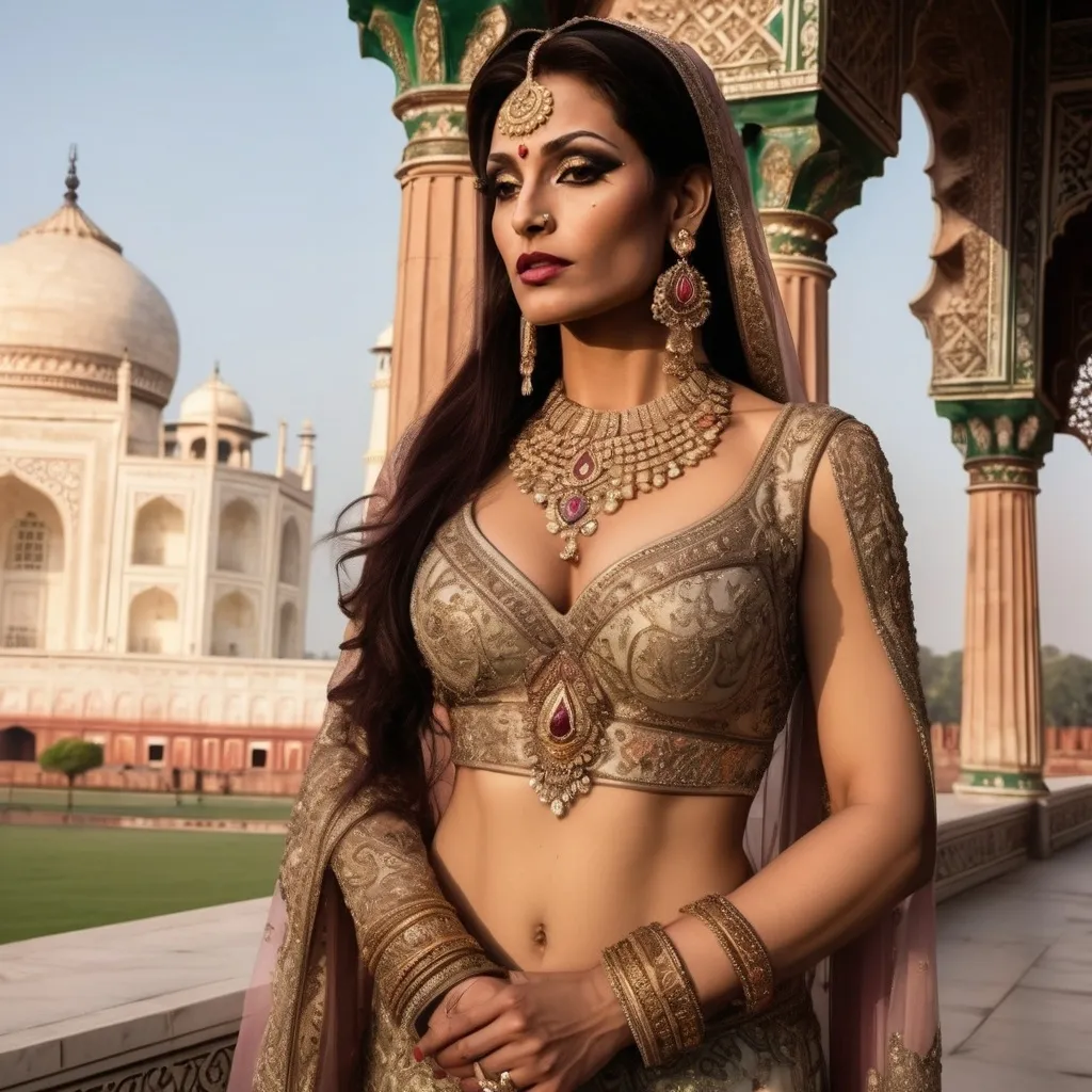 Prompt: A breathtakingly beautiful, muscular 35-year-old Pakistani drag queen bodybuilder princess from ancient times, standing gracefully in the majestic palace of the Taj Mahal. She wears an opulent, traditional Mughal-era royal outfit, intricately embroidered with gold and encrusted with precious gemstones. Her flowing silk dupatta shimmers under the soft moonlight, casting a mystical glow. Delicate henna patterns adorn her hands, and exquisite jewelry—bejewelled maang tikka, heavy gold necklaces, and shimmering bangles—enhance her regal elegance.

The palace is bathed in a dreamy, ethereal light, with the marble reflecting hues of silver, gold, and soft pastels. Floating flower petals drift through the air, carried by a gentle, unseen breeze. The atmosphere is infused with an enchanting, fairytale-like glow, as if the scene exists between dreams and reality. Wisps of golden mist swirl around her feet, and the sky above is illuminated by a crescent moon and twinkling stars. In the background, the silhouette of the Taj Mahal stands majestically, its domes glowing under the celestial light. The entire scene radiates an aura of romance, mystery, and divine elegance, as if touched by the gods themselves.