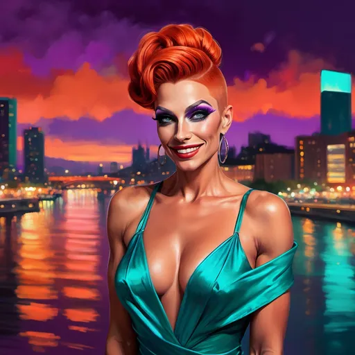 Prompt: digital painting of a city skyline with a gorgeous muscular 35-year-old Swiss drag queen (masculine jawline and brow features) with long burnt orange updo hair wearing a wrap around teal dress, smiling  and a river in the background at night time with a bright red and purple sky reflecting on the water , art photography, at night, high resolution , realism , beautiful sunset , low angle shot of the woman