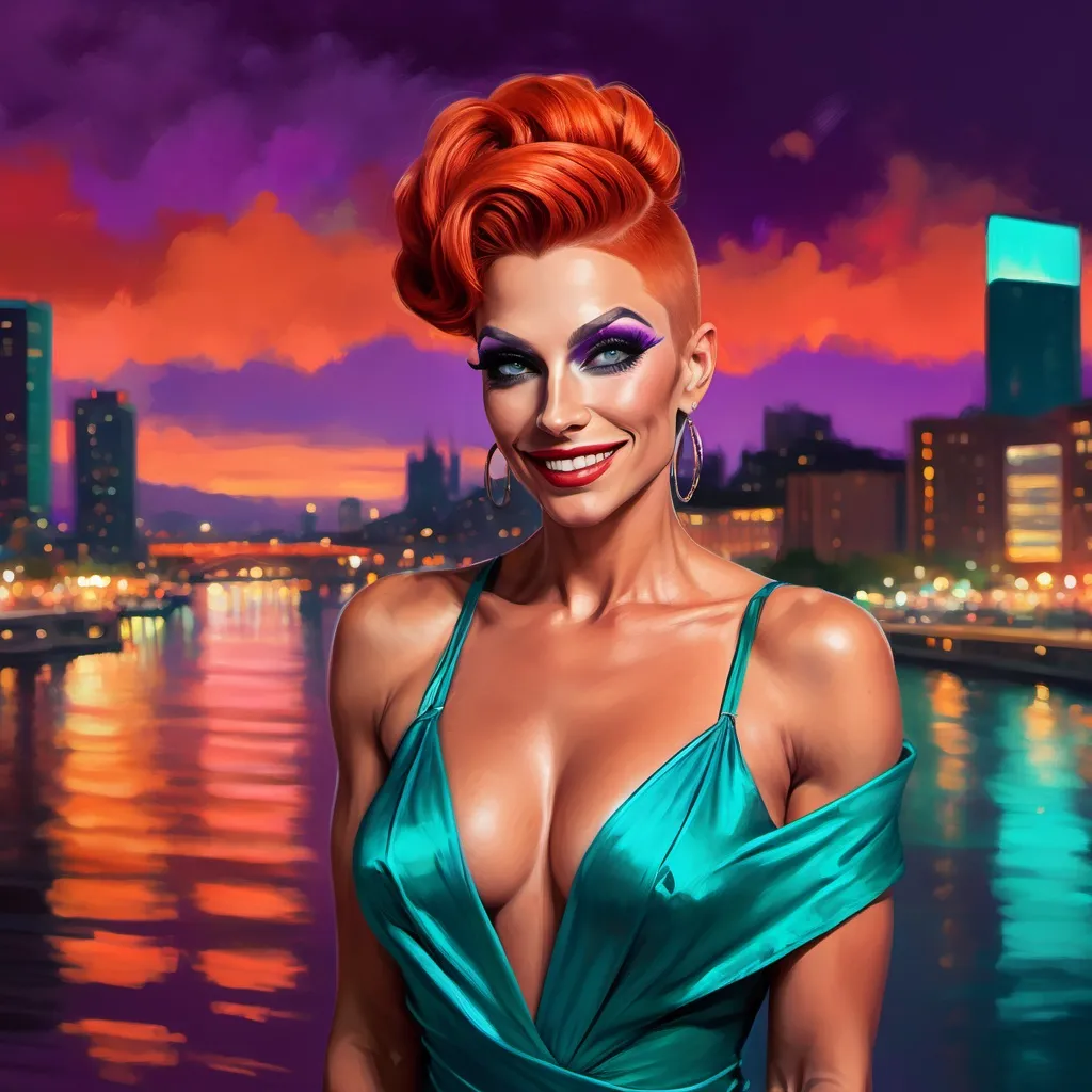 Prompt: digital painting of a city skyline with a gorgeous muscular 35-year-old Swiss drag queen (masculine jawline and brow features) with long burnt orange updo hair wearing a wrap around teal dress, smiling  and a river in the background at night time with a bright red and purple sky reflecting on the water , art photography, at night, high resolution , realism , beautiful sunset , low angle shot of the woman