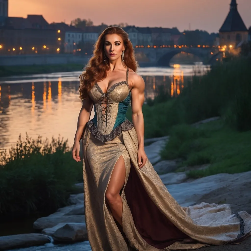 Prompt: Gorgeous ultra-muscular 25-year-old Polish goddess bodybuilder with huge busom and ridiculously long wavy auburn hair wearing 17th century dress, glamour makeup, and 8 inch stiletto high heel shoes standing by the river at dusk.