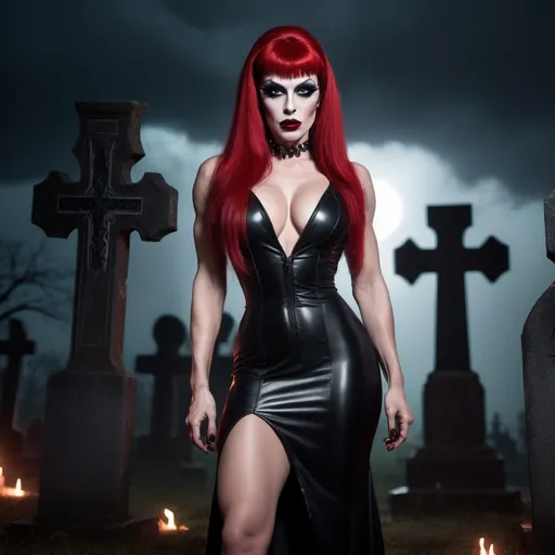 Prompt: High-resolution, cinematic-style photograph featuring a gorgeous ultra-muscular 25-year-old Czechian drag queen bodybuilder dressed as Elvira. Dark eyeshadow and dark red lipstick.  8 inch stiletto high heel shoes. Posing in a spooky graveyard. Lightning in the background.