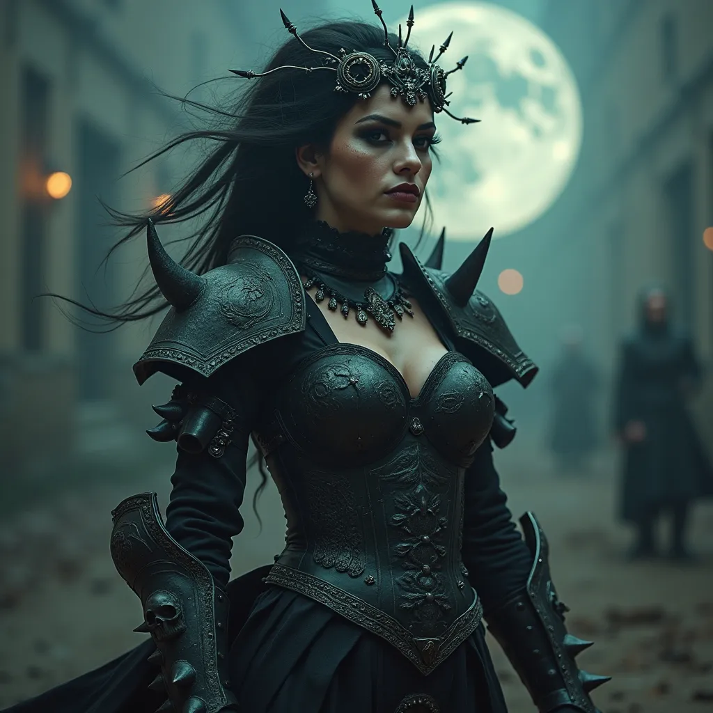 Prompt: Grunge style, stylish Turkish drag queen, (a formidable heroine:1.3), (gothic fantasy:1.25), (warrior armor:1.2), dark allure, formidable armor, ornate engravings, demonic motifs, spiked gauntlets, leather corset, skull ornaments, mystical symbols, ethereal glow, fierce countenance, haunting beauty, moonlit battlefield, (eerie lighting:1.2), (sinister hues:1.1), (intricate patterns:1.15), Textured, distressed, vintage, edgy, punk rock vibe, dirty, noisy