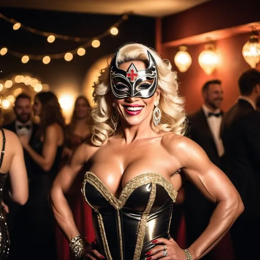 Prompt: A wide, soft focus, full-body (((cowboy shot))) of a masked Swiss champagne drag queen diva bodybuilder at a bohemian masquerade ball. Dramatic lighting and shadows. She is laughing heartedly, expressive body language.