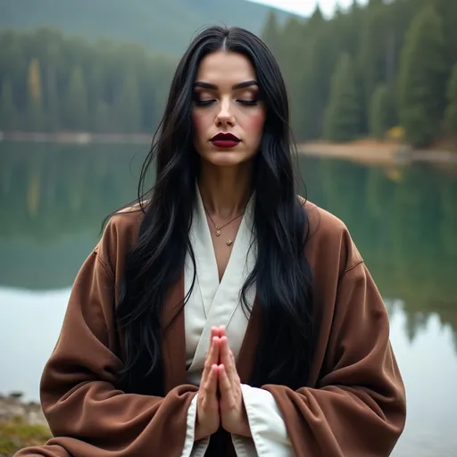 Prompt: Gorgeous ultra-muscular25-year-old Swedish drag queen with long straight shiny black hair, meditate, wisdom, Brown and white robes, laidback relaxed, dark heavy mascara, dark red lipstick. Meditating in a serene wilderness setting by a lake.