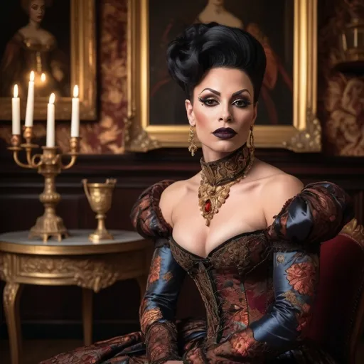 Prompt: Gorgeous muscular 35-year-old British drag queen, dark lipstick, heavy mascara, vibrant Tudor-era attire, intricate lace details, embroidered patterns, serene expression, elegant pose, rich background of a historic castle, warm gold and deep auburn tones, soft diffused lighting, classical artwork style, ultra-detailed, regal atmosphere, capturing the essence of 16th-century nobility, majestic ambiance.