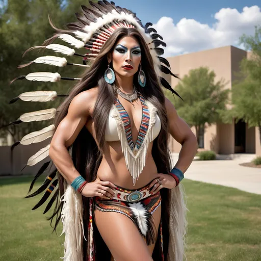 Prompt: photorealistic, full body portrait of a Gorgeous muscular 25-year-old Native American drag queen with huge busom and very long flowing hair, in traditional dress and 8 inch stiletto high heel shoes, posing outdoors.