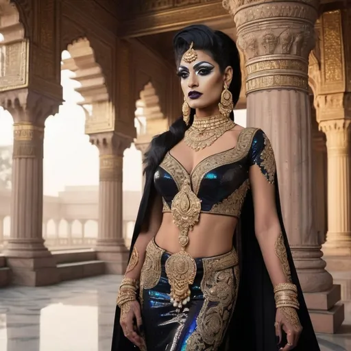 Prompt: A futuristic rendition of Indian royalty, where a gorgeous muscular 35-year-old Pakistani drag queen bodybuilder (dark eyeshadow,  dark lipstick,  heavy mascara) is dressed in a dazzling outfit featuring traditional Indian elements like rich silk, gold embroidery, and intricate jewelry, but with a high-tech twist. The palace is a blend of old and new, with ancient marble columns adorned with glowing circuit patterns, and holographic elephants walking through the palace courtyard. The scene is bathed in soft, ethereal light, creating a majestic atmosphere