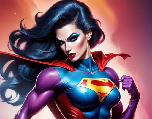 Prompt: If Superman was a gorgeous hyper-muscular 25-year-old drag queen bodybuilder with Dark eye makeup and dark lipstick. Wearing 8 inch stiletto high heel shoes.