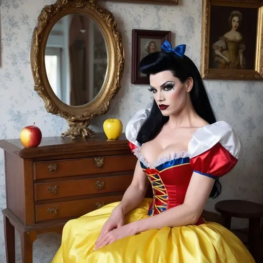 Prompt: Gorgeous ultra-muscular 25-year-old well endowed Finnish drag queen (strong masculine jawline and brow features) with dark eyeshadow,  dark lipstick, and ridiculously short shiny black hair dressed as Snow White with a yellow frilly dress, a blue & red corset, a red ribbon in her hair, and 8 inch stiletto high heel shoes.  Holding an apple in a quaint cottage.