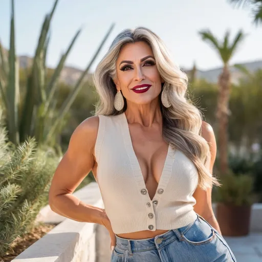 Prompt: Standing confidently in a sunlit outdoor setting, a Gorgeous, very muscular, suntanned, 35-year-old, suntanned, Turkish drag queen bodybuilder (with strong masculine facial features, dark lipstick, huge busom, silver hair) showcases a stylish outfit that blends casual and chic elements. She wears a light beige, oversized sweater paired with denim shorts, highlighting her fashion-forward choice while exuding a relaxed vibe. Her tall, cream-colored boots add a playful contrast, completing her look with a touch of elegance. The backdrop features lush greenery, with desert-like plants and trees casting soft shadows, suggesting a warm, pleasant day that complements her bright smile and cheerful demeanor. The composition captures a moment of poise and joy, embodying a carefree spirit.