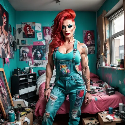 Prompt: Realistic digital photography:
A messy room in an apartment.
Age:38 Gorgeous ultra-muscular Czechian drag queen bodybuilder with shy cute beautiful features,
Street Artist Flair:

Short, bright red hair with a side fade.
Wears graffiti-inspired earrings, teal overalls, dark eye makeup and dark lipstick 
Outfits consist of a crop top under overalls and high heel sneakers, often carrying a glass of wine.