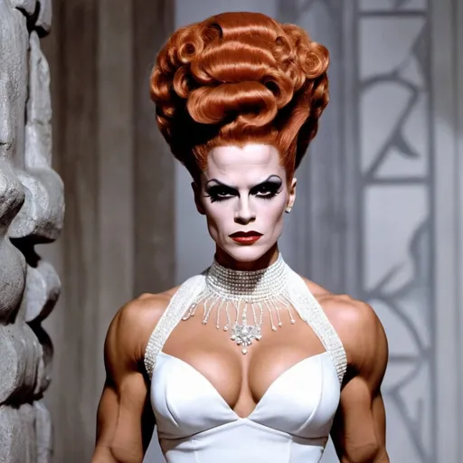 Prompt: Bride of Frankenstein is a gorgeous ultra-muscular 25-year-old Swedish drag queen bodybuilder dressing conservatively yet alluringly. Very classy.