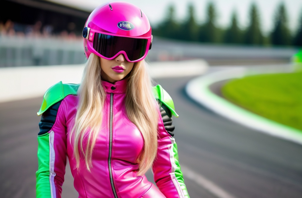 Prompt: Gorgeous ultra-muscular Finnish 25-year-old Italian goddess with huge busom and has long blonde hair in a full fringe. She wears a neon yellow racer helmet with goggles, a hot pink leather jacket with a neon green turtleneck and neon green gloves, hot pink skirt with red pants underneath and white boots. She's standing and posing on a racetrack.