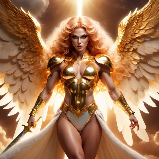 Prompt: (Muscular strawberry-blonde drag queen angel), muscular physique, wielding a shining sword and a glossy shield, (bright gold glowing eyes), radiant aura emanates, fluffy wings spread wide, ethereal atmosphere, warm golden tones, heavenly backdrop with soft clouds, dynamic pose in an action stance, (ultra-detailed), (4K), dramatic lighting, evocative and divine ambiance.